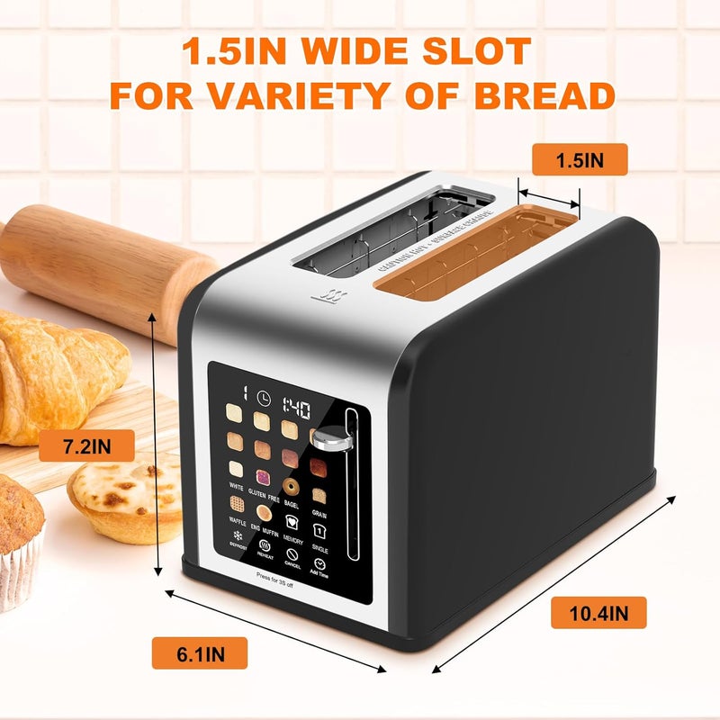 Clixane 2 Slice Toaster Touch Screen, Stainless Steel Toasters Digital Timer 2 Slot Toasters, 8 Shade Settings 6 Bread Types for Bagel, Cancel, Defrost (Black) - Image 3